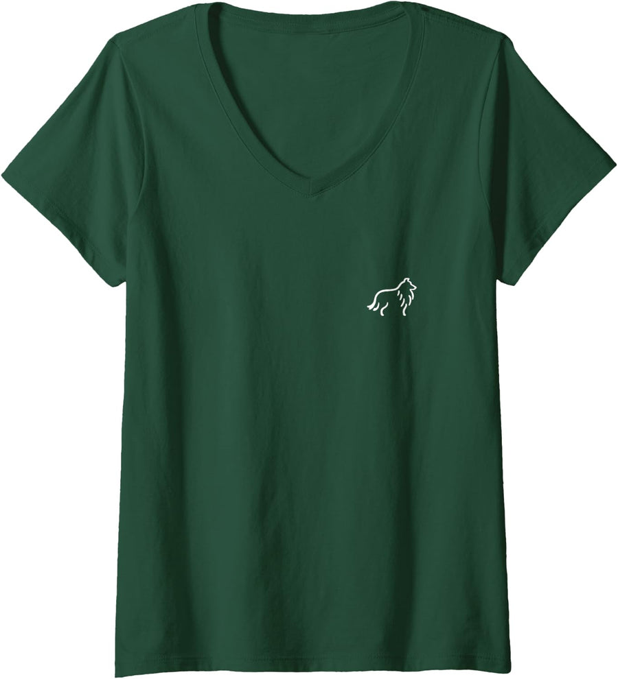 Women's Simple Minimalist Badge Line Art Shetland Sheepdog Sheltie V-Neck T-Shirt - Dark Green