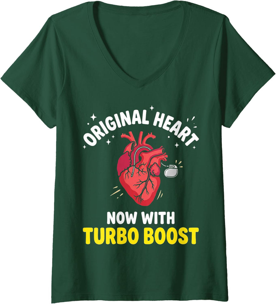 Women's Turbo Boost Heart Recovery Heart Implantation Pacemaker V-Neck T-Shirt - Dark Green