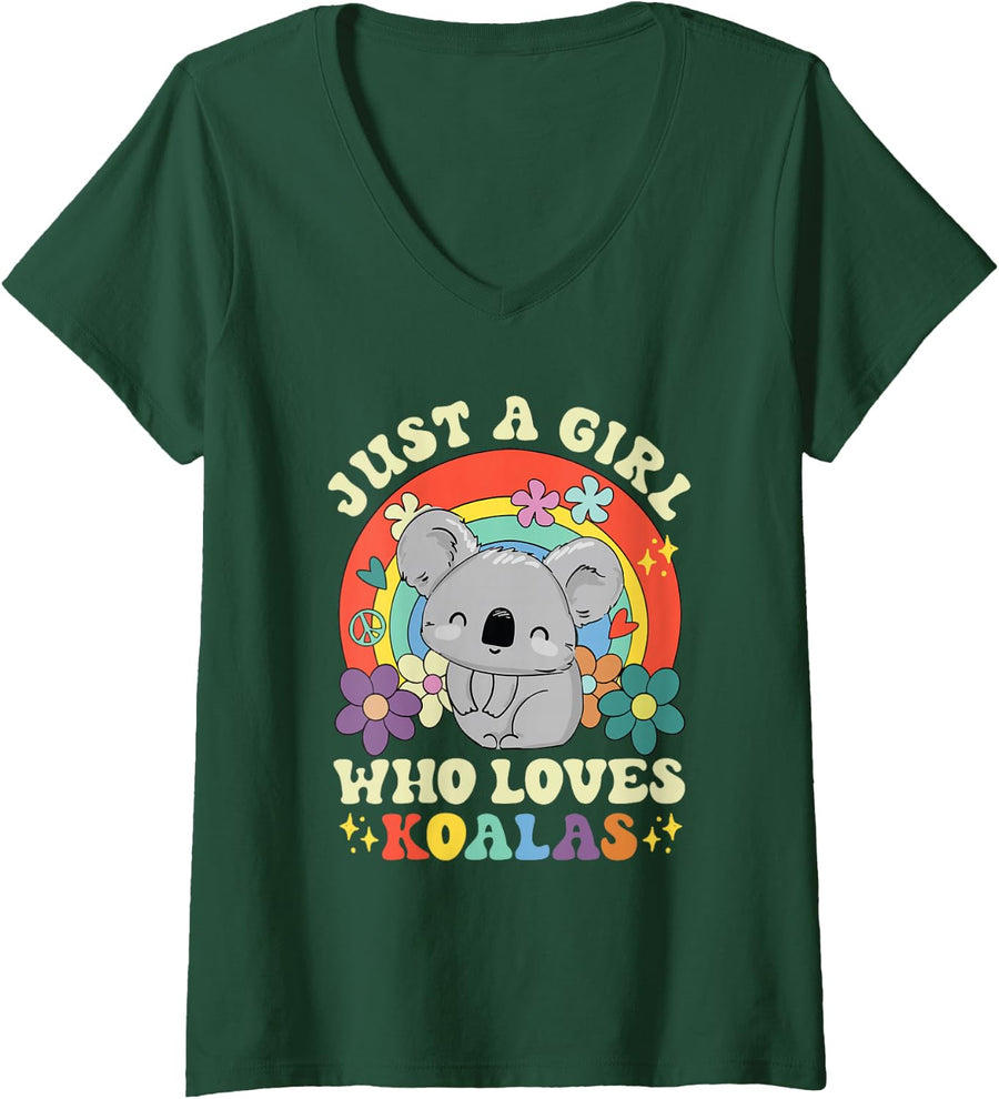 Women's Groovy Just A Girl Who Loves Koalas Rainbow Koala Lovers V-Neck T-Shirt - Dark Green