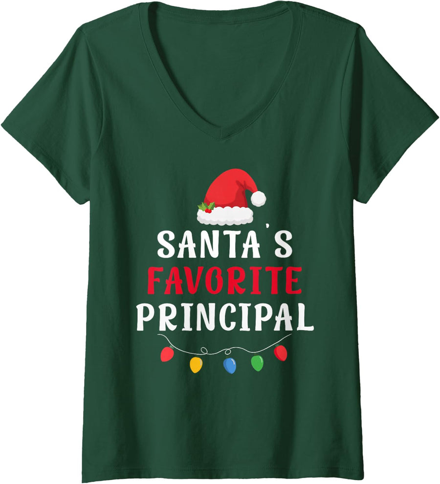 Women's Santa's Favorite Principal Funny Christmas Xmas Holiday V-Neck T-Shirt - Dark Green