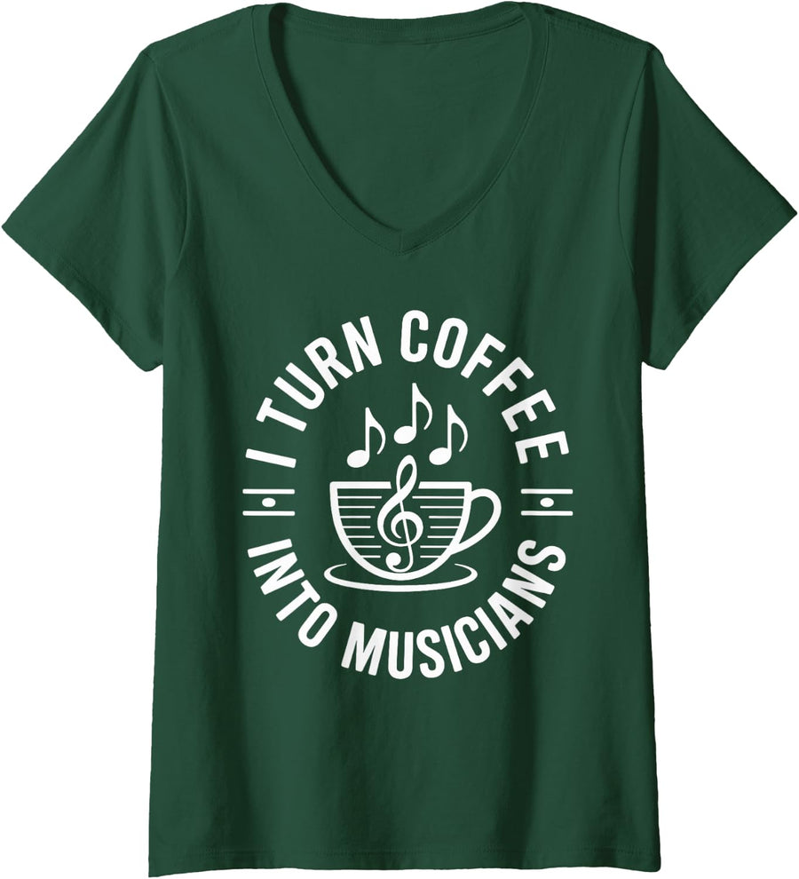 Women's I Turn Coffee Into Musicians School Music Teacher V-Neck T-Shirt - Dark Green