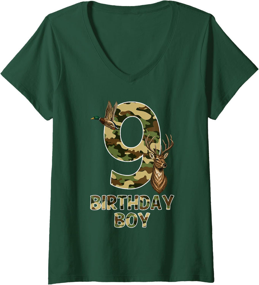 Women's 9th Birthday Boy 9 Year Old Camo Deer Duck Hunter V-Neck T-Shirt - Dark Green