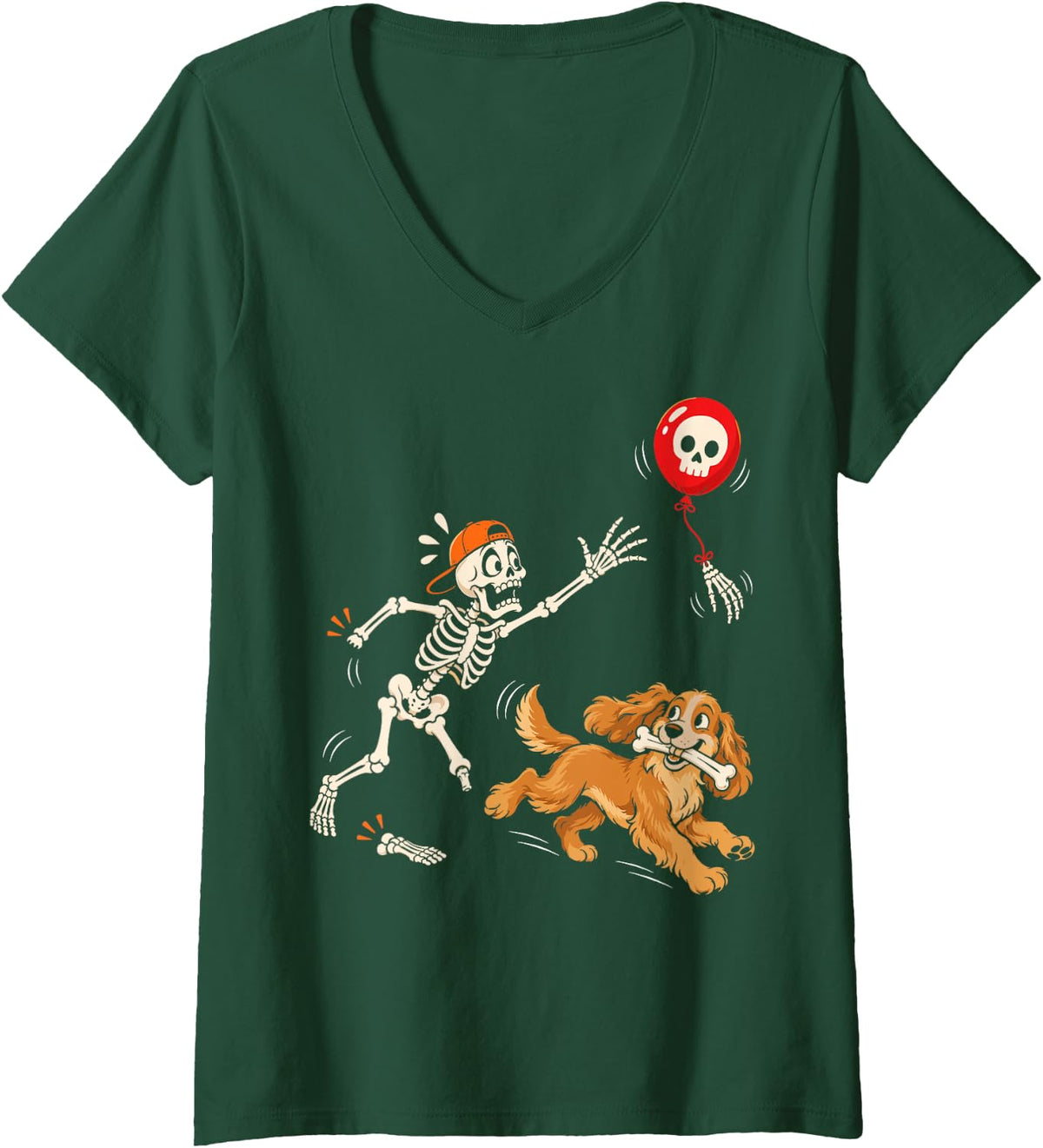 Women's Cocker Spaniel Stealing Bone Skeleton Lost Balloon V-Neck T-Shirt - Dark Green