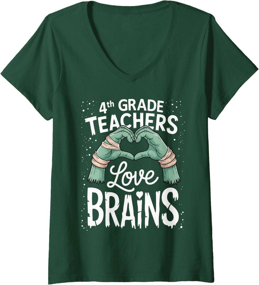 Women's 4th Grade Teachers Love Brains Shirt for Women Funny Teacher V-Neck T-Shirt - Dark Green