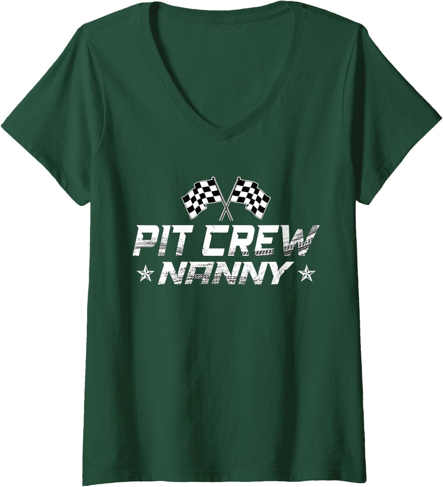 Women's Race Car Birthday Party Racing Family Nanny Pit Crew V-Neck T-Shirt - Dark Green