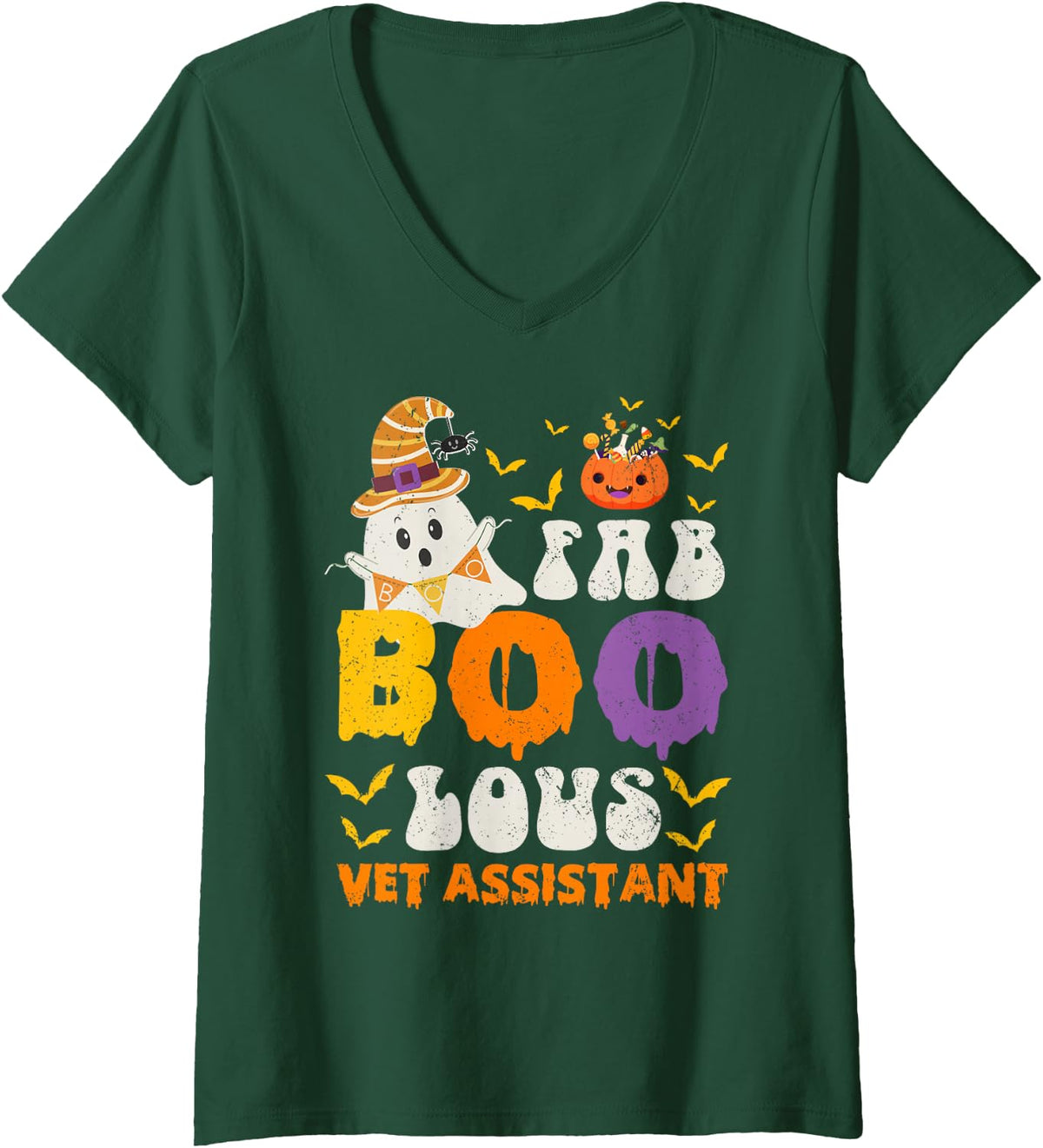 Women's Faboolous Vet Assistant Ghost Halloween Fun V-Neck T-Shirt - Dark Green