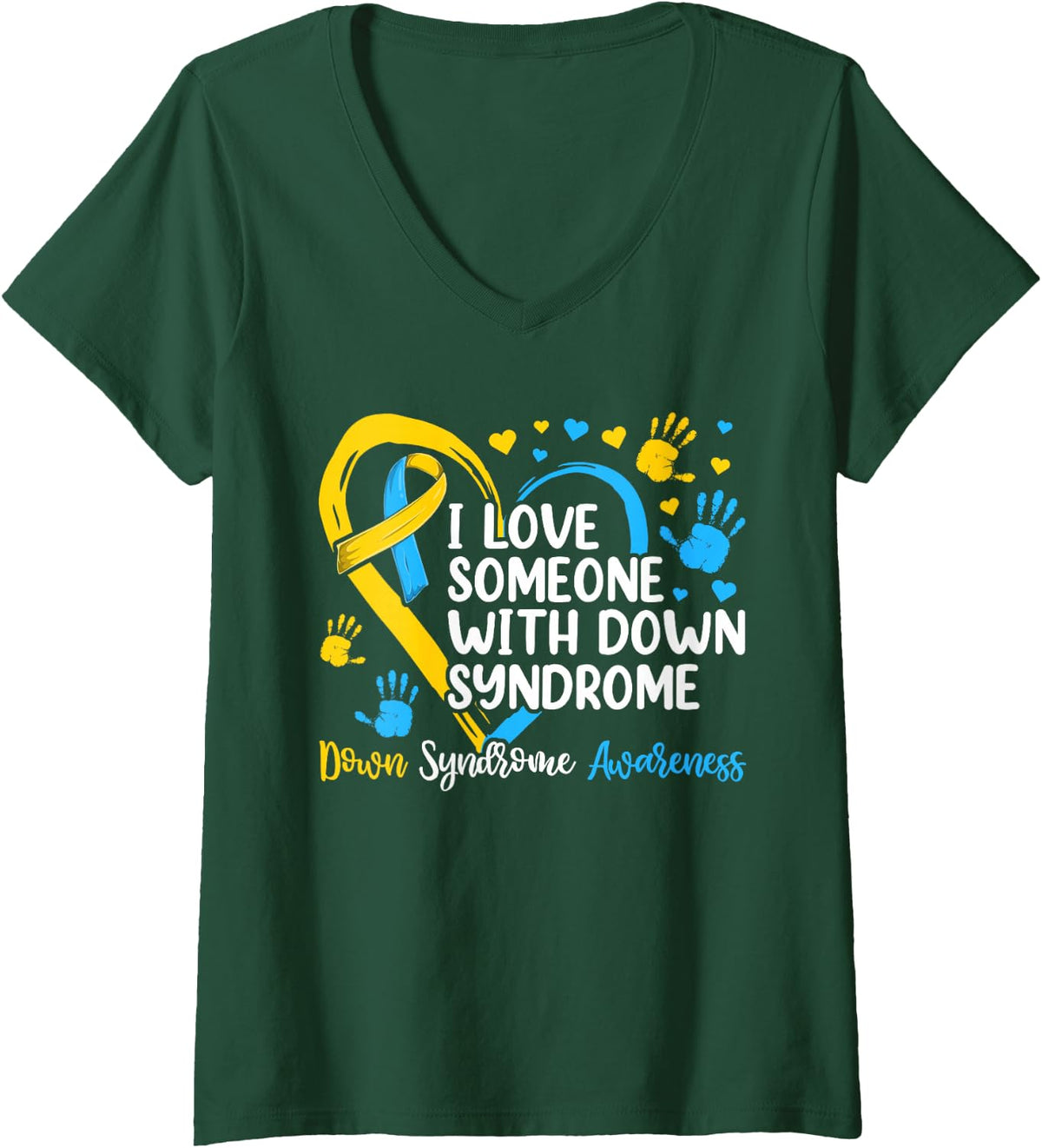Women's I Love Someone with Down Syndrome Shirts, Mom Heart Ribbon V-Neck T-Shirt - Dark Green
