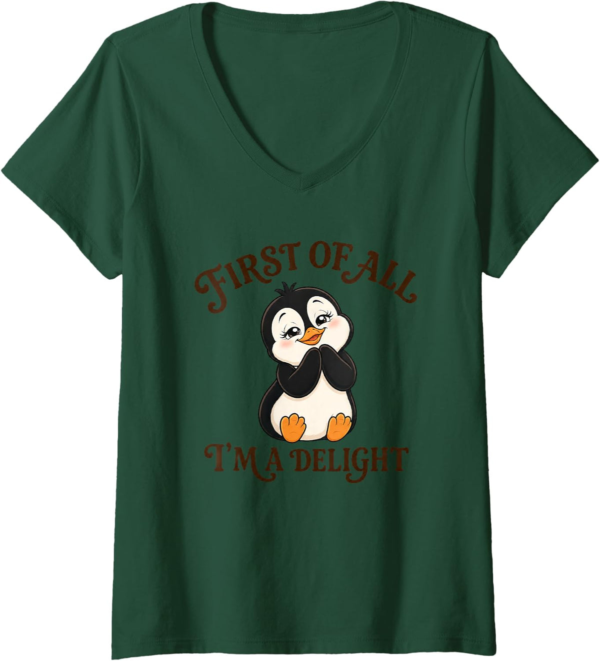 Women's Cute Cartoon Penguin Im a Delight Saying V-Neck T-Shirt - Dark Green