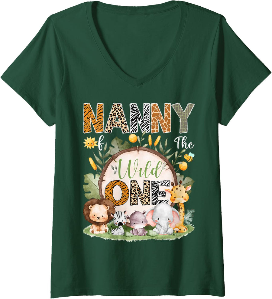 Women's Nanny of The Wild One 1St Birthday Safari Jungle Woodland V-Neck T-Shirt - Dark Green