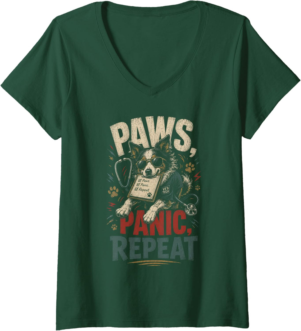 Women's Retro Vet Tech Paws Panic Repeat Funny Veterinary Assistant V-Neck T-Shirt - Dark Green