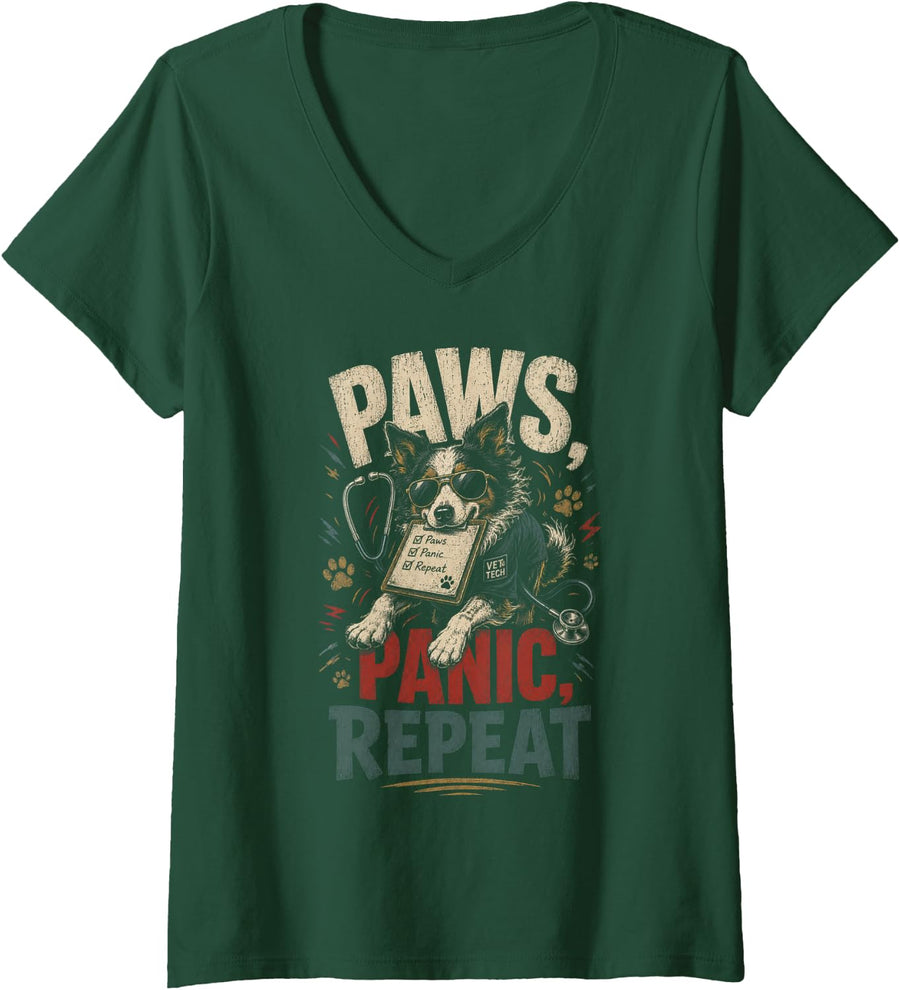Women's Retro Vet Tech Paws Panic Repeat Funny Veterinary Assistant V-Neck T-Shirt - Dark Green