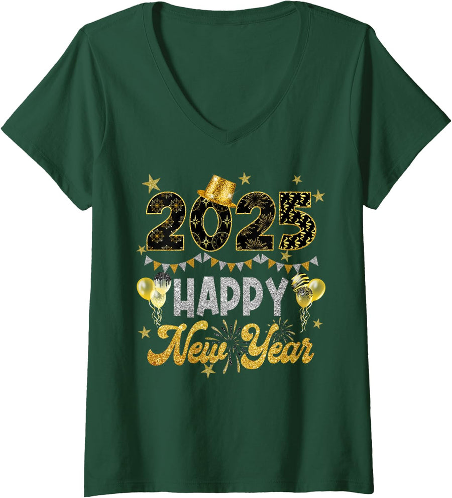Women's Happy New Year Party 2025 Balloon Family Passing Men Women V-Neck T-Shirt - Dark Green