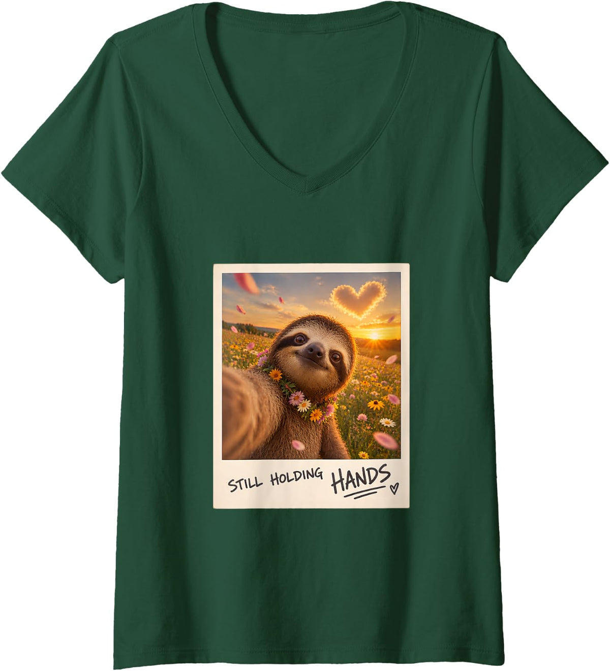 Women's Still Holding Hands Sloth Selfie Anniversary V-Neck T-Shirt - Dark Green