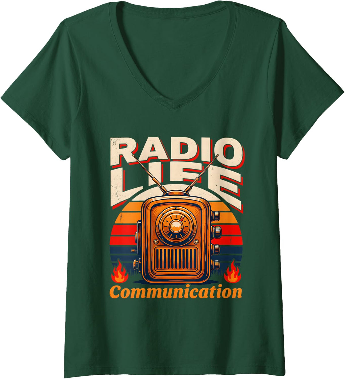 Women's Radio Life Communication Retro Ham Radio V-Neck T-Shirt - Dark Green
