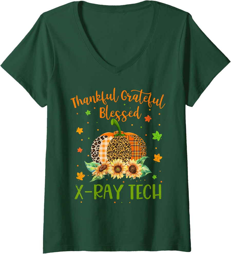 Women's Thankful X-ray Tech Pumpkin Sunflower Thanksgiving V-Neck T-Shirt - Dark Green
