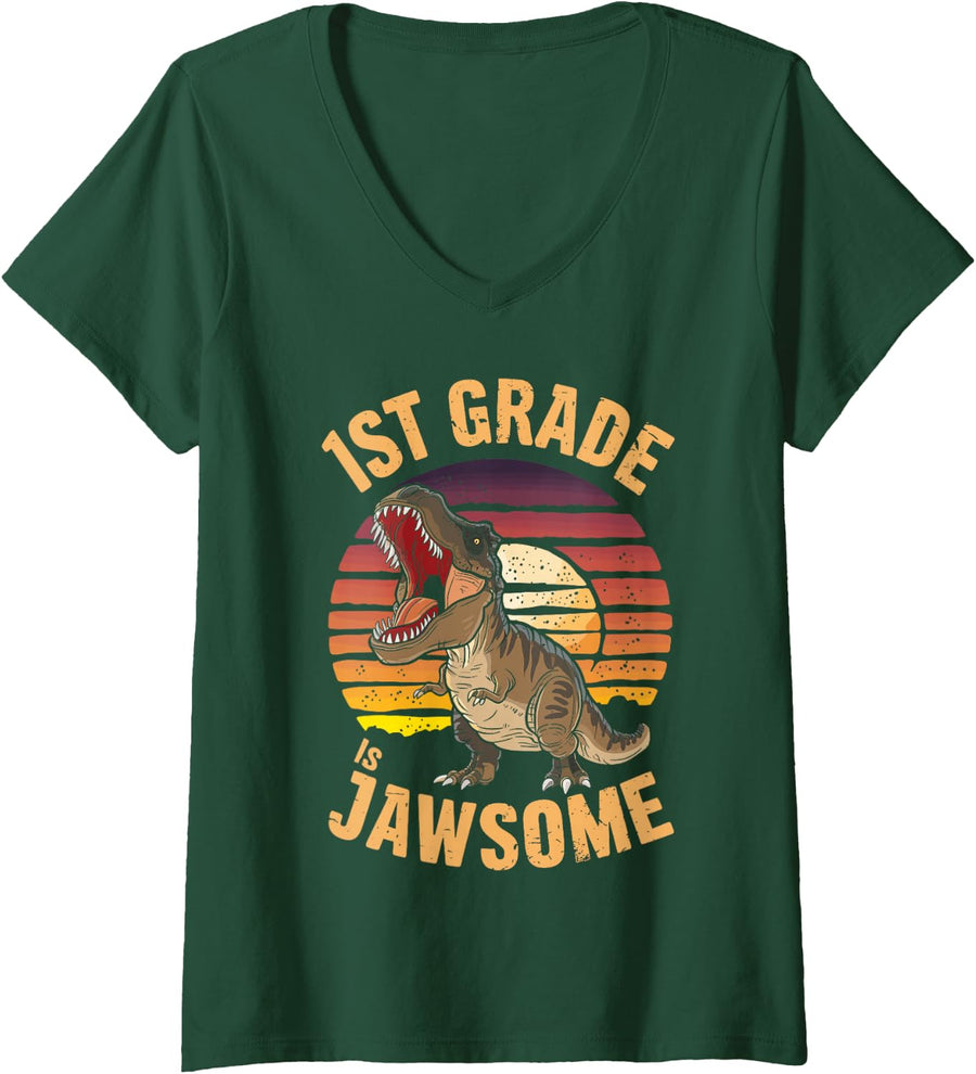 Women's 1st Grade is Jawsome Dinosaur Teacher School V-Neck T-Shirt - Dark Green