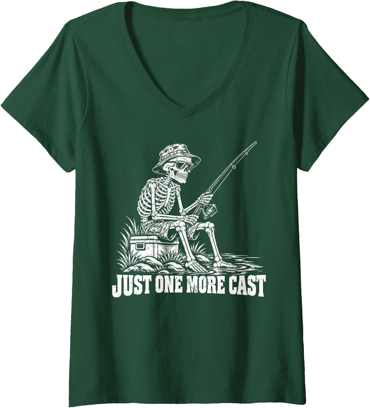 Women's Just One More Cast Skeleton Fishing Fisherman Angler Outdoor V-Neck T-Shirt - Dark Green