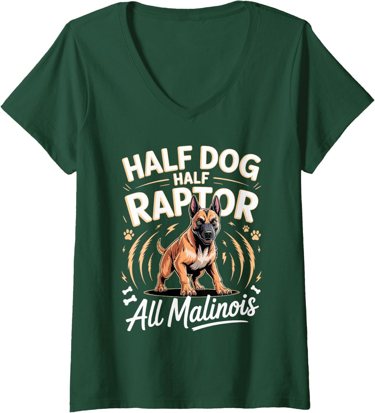 Women's Half Dog Half Raptor All Malinois V-Neck T-Shirt - Dark Green