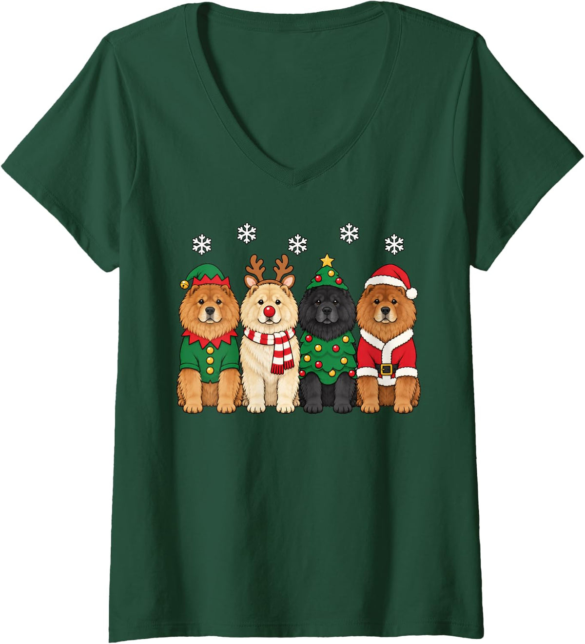 Women's Chow Chow Christmas Reindeer Santa Dog Lover V-Neck T-Shirt - Dark Green