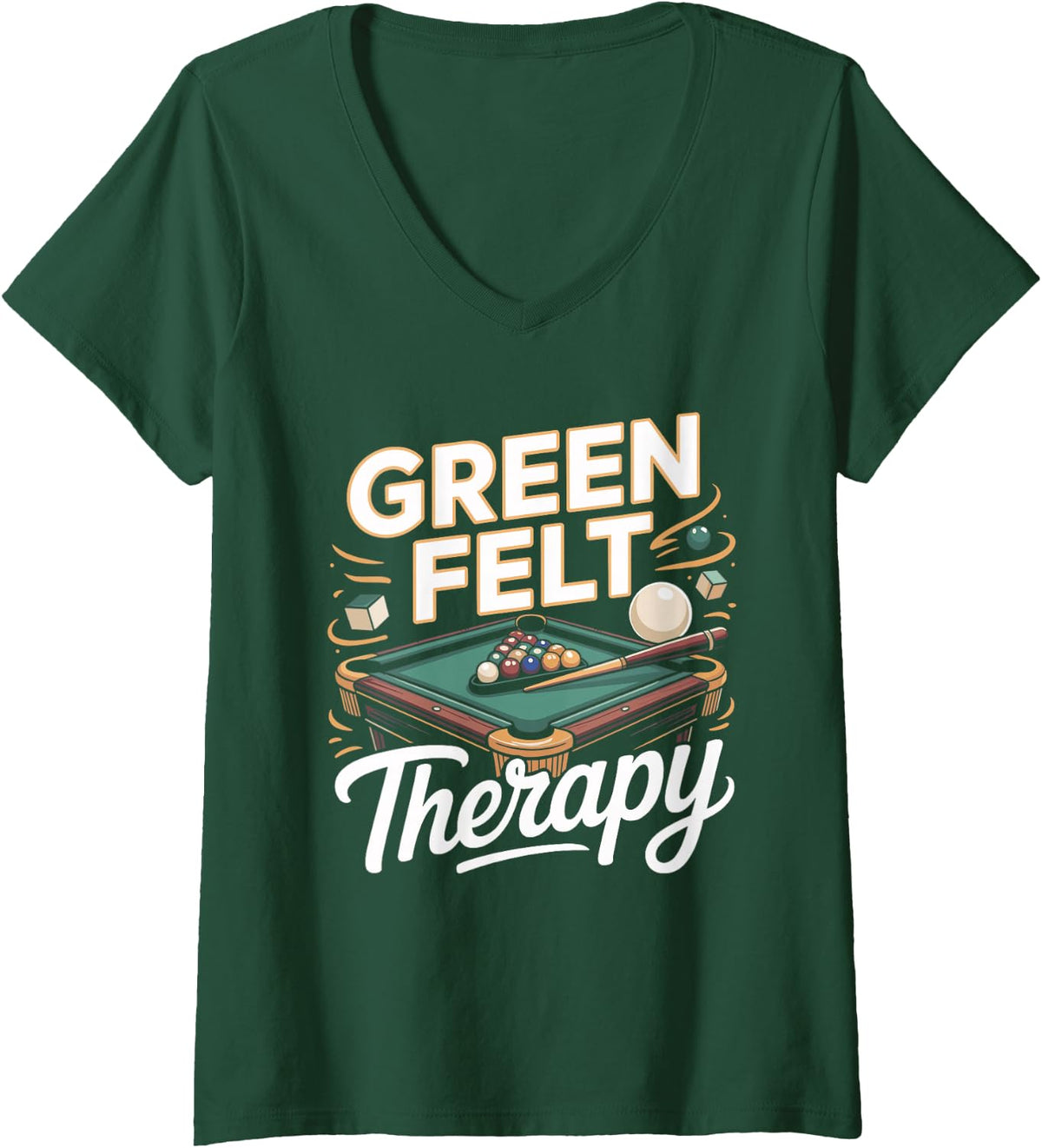 Women's Green Felt Therapy Pool Billiards Eight Ball V-Neck T-Shirt - Dark Green