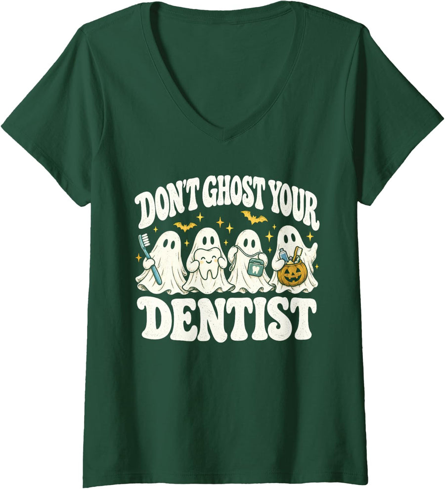Women's Don't Ghost Your Dentist Halloween Ghost Oral Health V-Neck T-Shirt - Dark Green