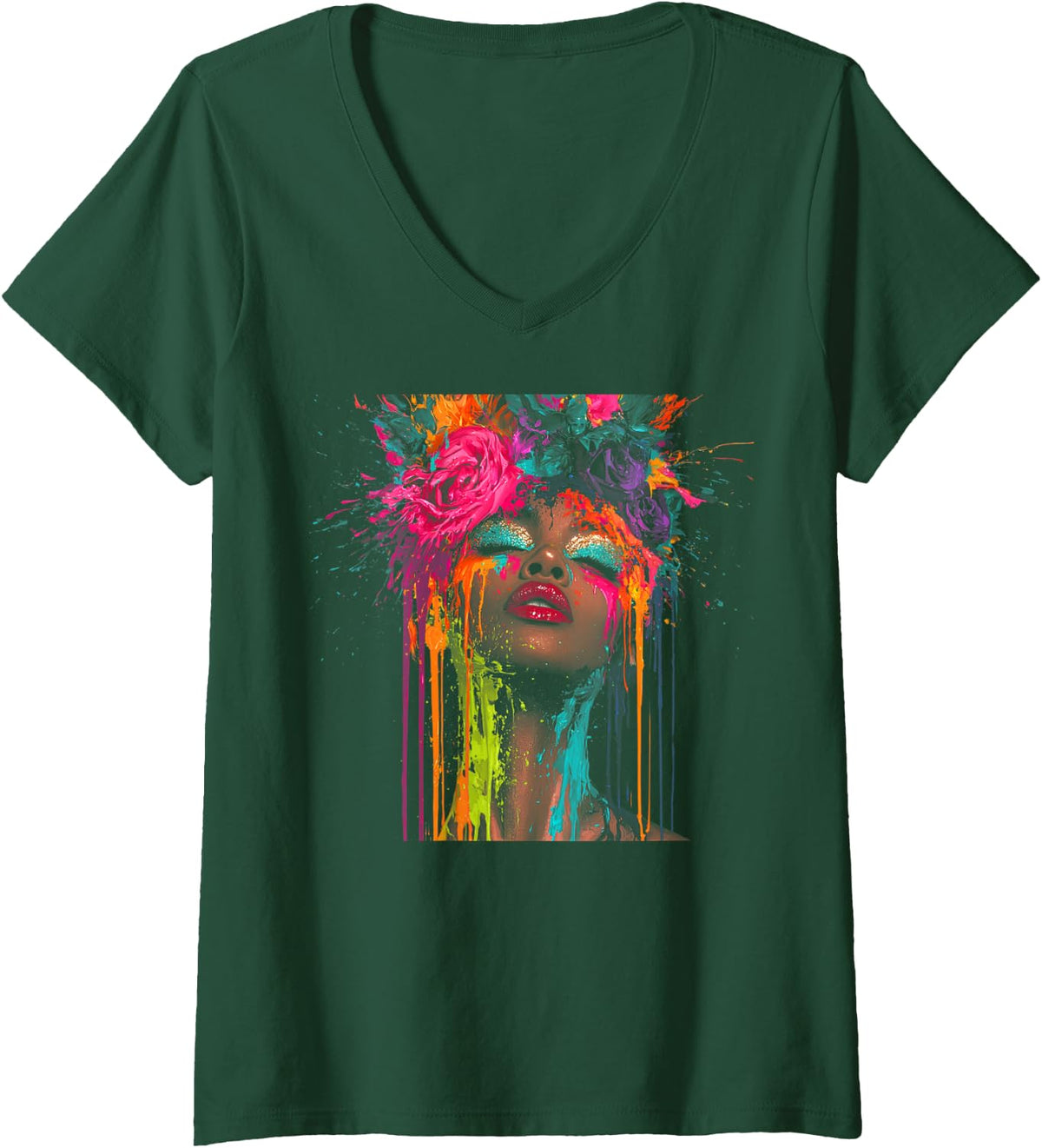 Women's Black Queen Floral Afro Hairstyle Dripping Face Portrait V-Neck T-Shirt - Dark Green