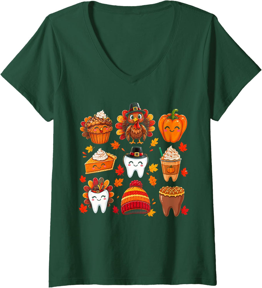 Women's Dental Squad Dentist Teeth Assistant Pumpkin Coffee Turkey V-Neck T-Shirt - Dark Green