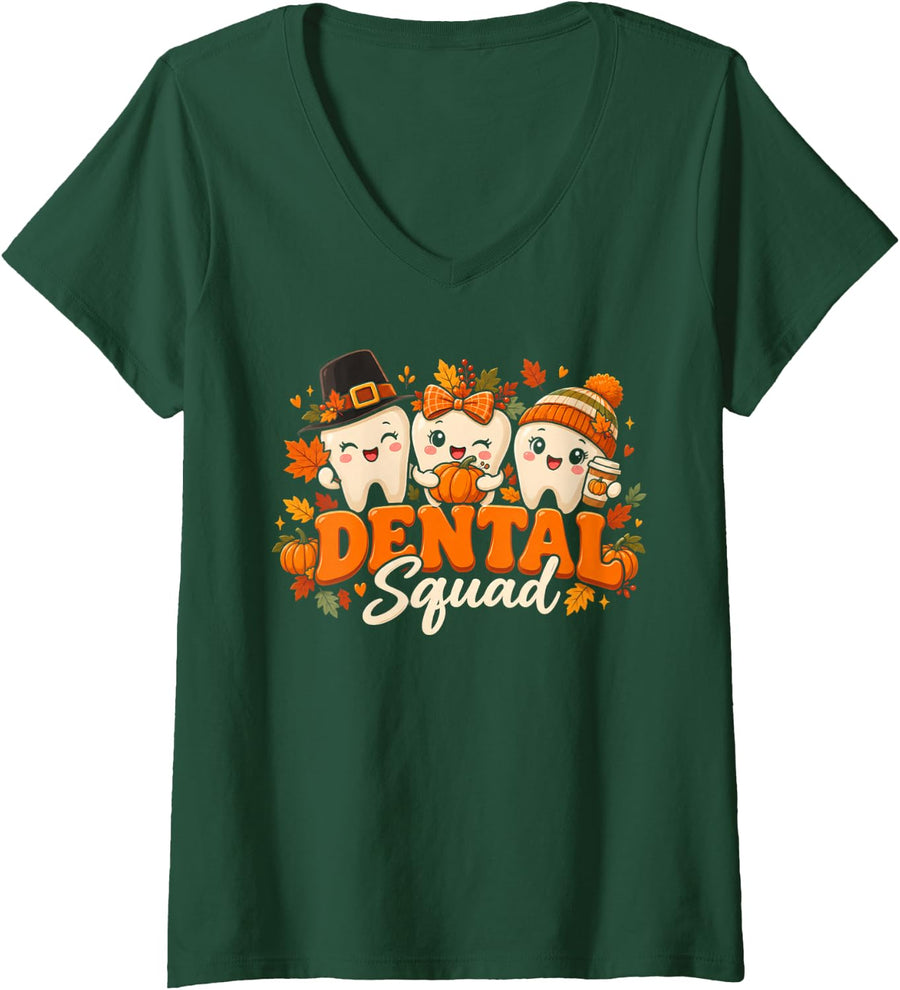 Women's Dental Squad Dentist Hygienist Assistant Teeth Thanksgiving V-Neck T-Shirt - Dark Green