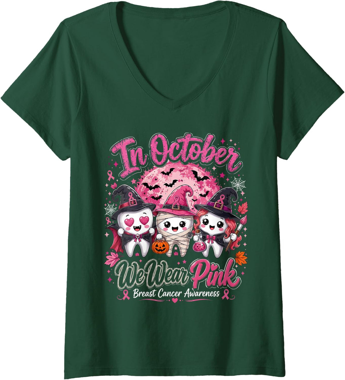 Women's We were Pink Ribbon Halloween Dental Breast Cancer Awareness V-Neck T-Shirt - Dark Green