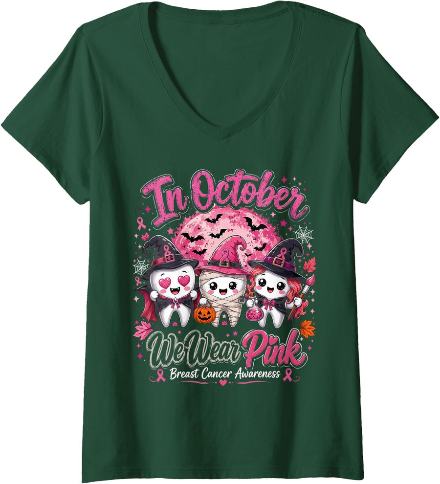 Women's We were Pink Ribbon Halloween Dental Breast Cancer Awareness V-Neck T-Shirt - Dark Green