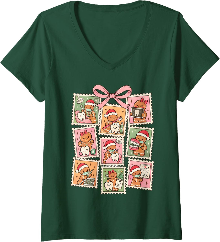 Women's Dental Hygienist Squad RDH Christmas Gingerbread Dentist Bow V-Neck T-Shirt - Dark Green