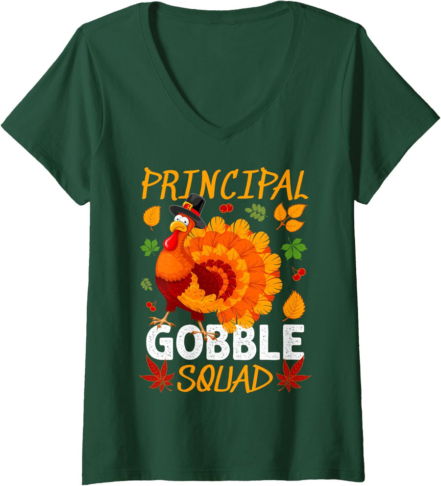 Women's Principal Gobble Squad Thanksgiving Turkey V-Neck T-Shirt - Dark Green