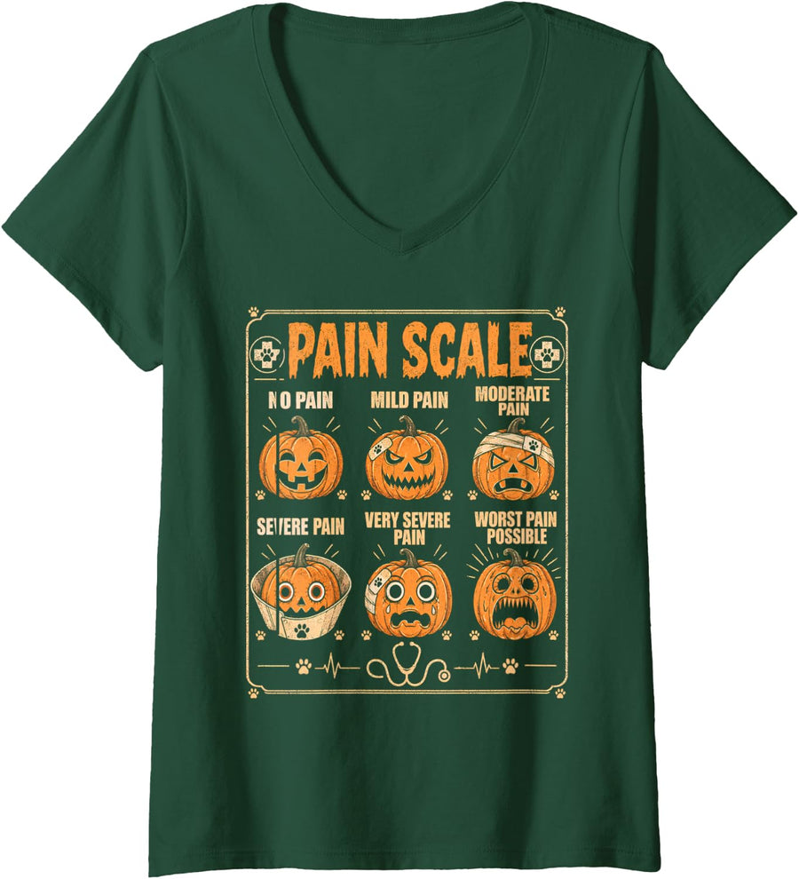 Women's Pumpkin Pain Scale Veterinarian Halloween Vet Tech Fall V-Neck T-Shirt - Dark Green