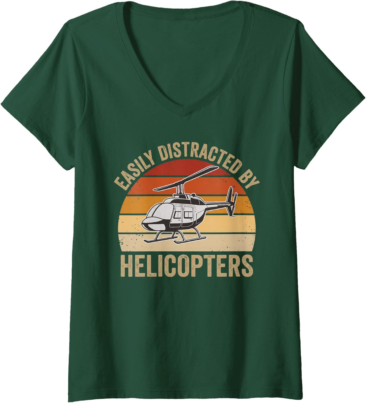 Women's Easily Distracted By Helicopters Funny Helicopter Pilot Fan V-Neck T-Shirt - Dark Green