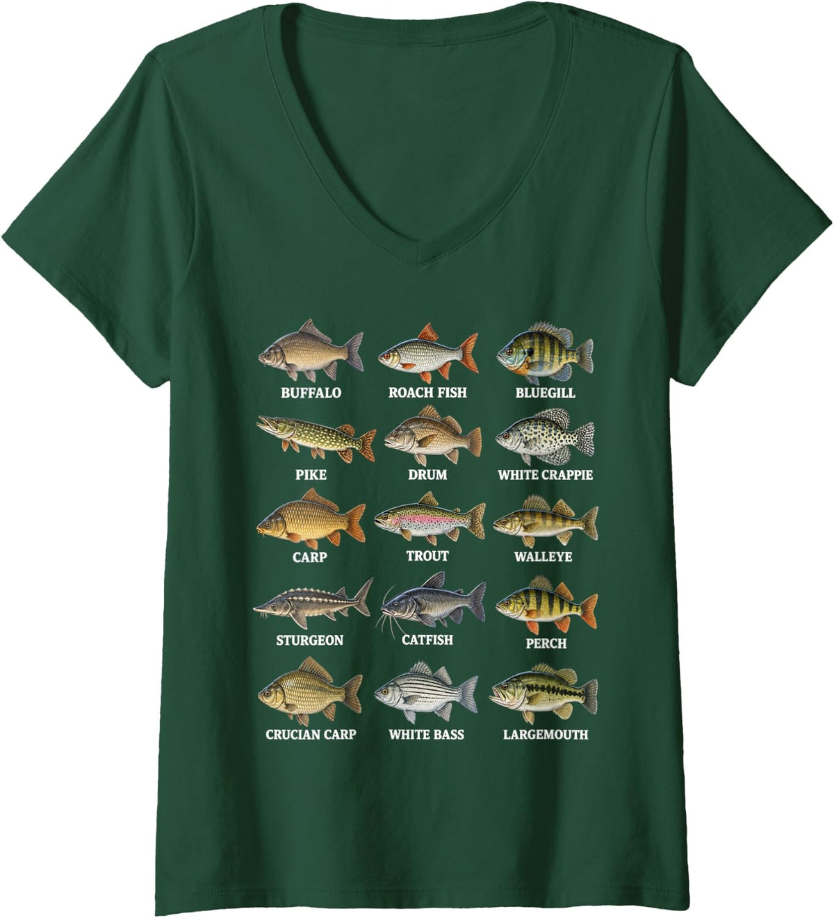Women's Freshwater Fish Species Fishing Fisherman Angler Men V-Neck T-Shirt - Dark Green
