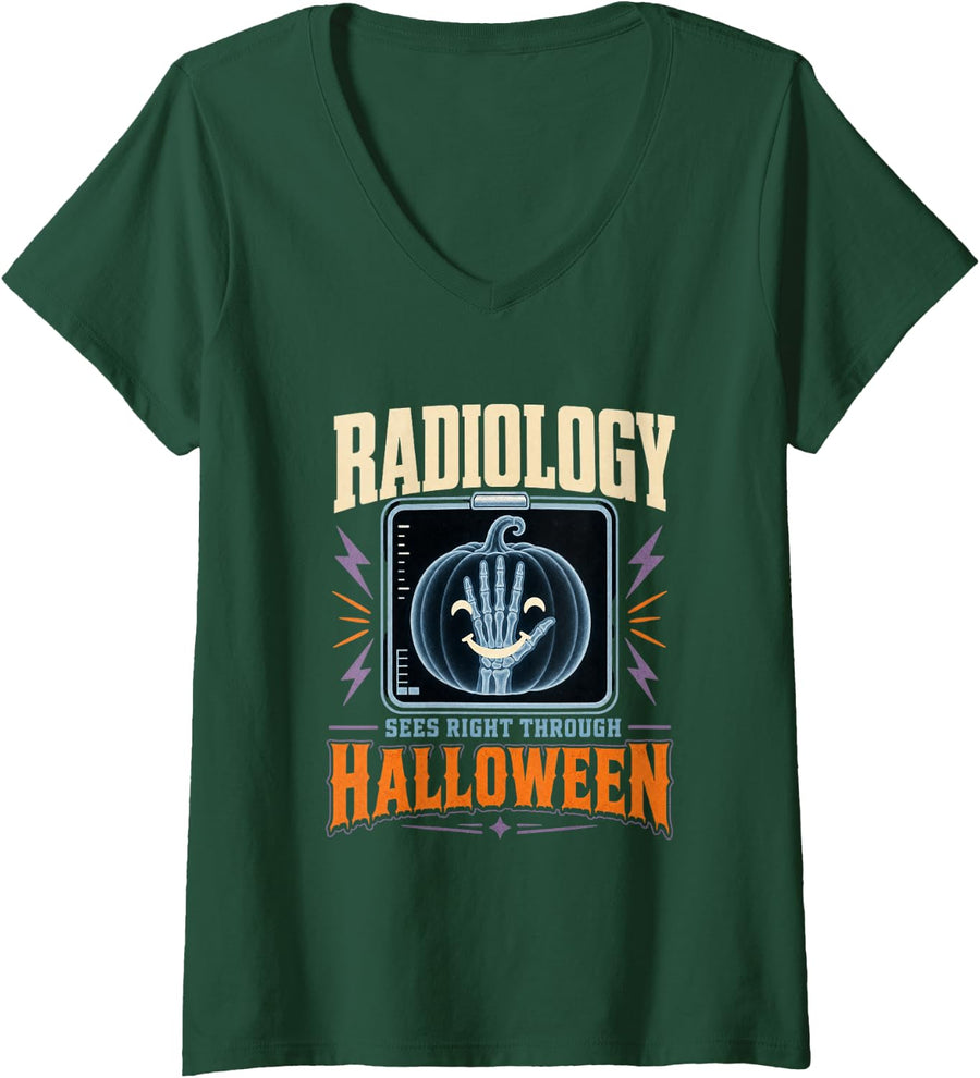 Women's Radiology Sees Right Through Halloween X Ray Tech V-Neck T-Shirt - Dark Green