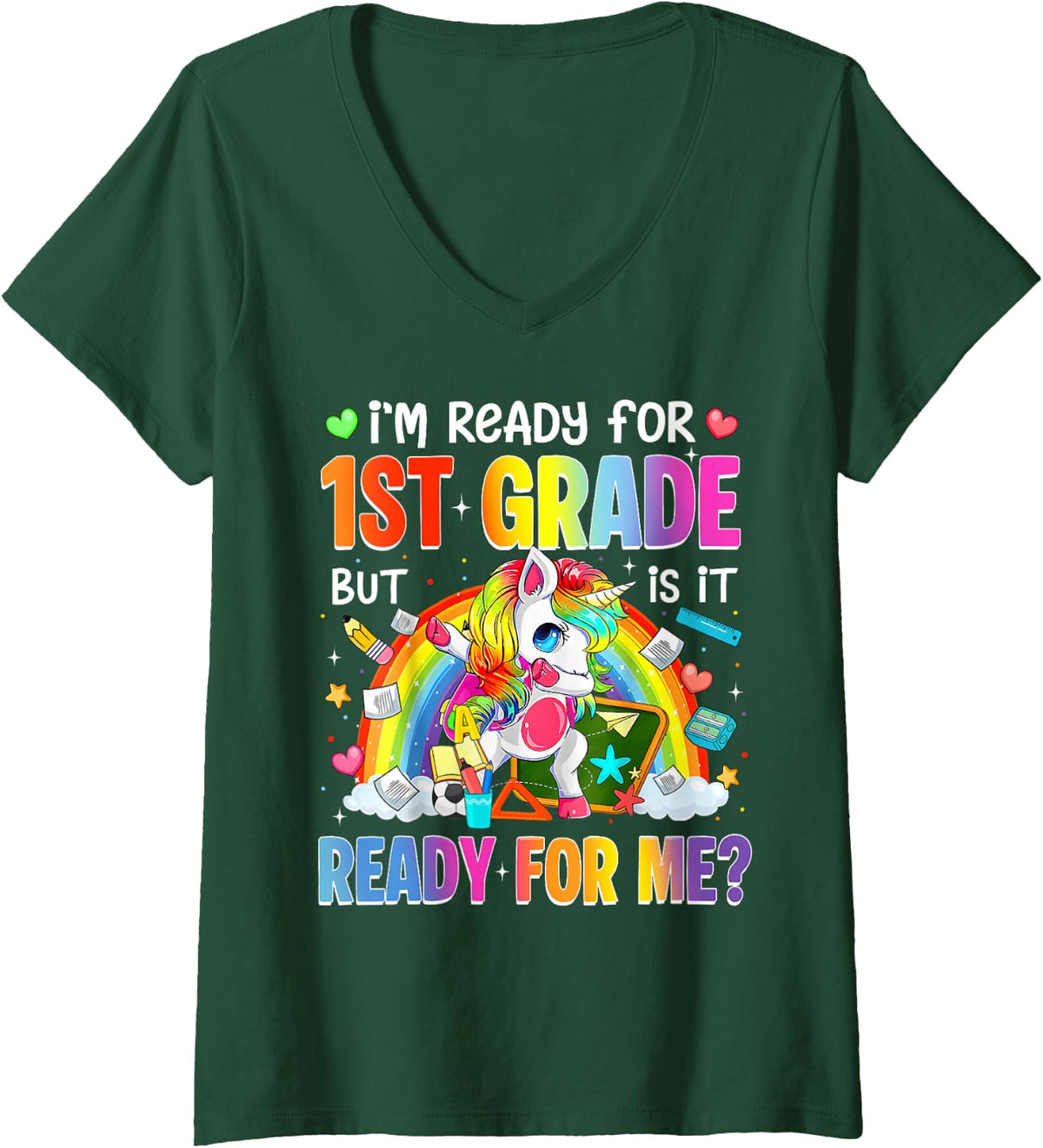 Women's I'm Ready for 1st Grade Dabbing Unicorn Rainbow Boy Girl V-Neck T-Shirt - Dark Green