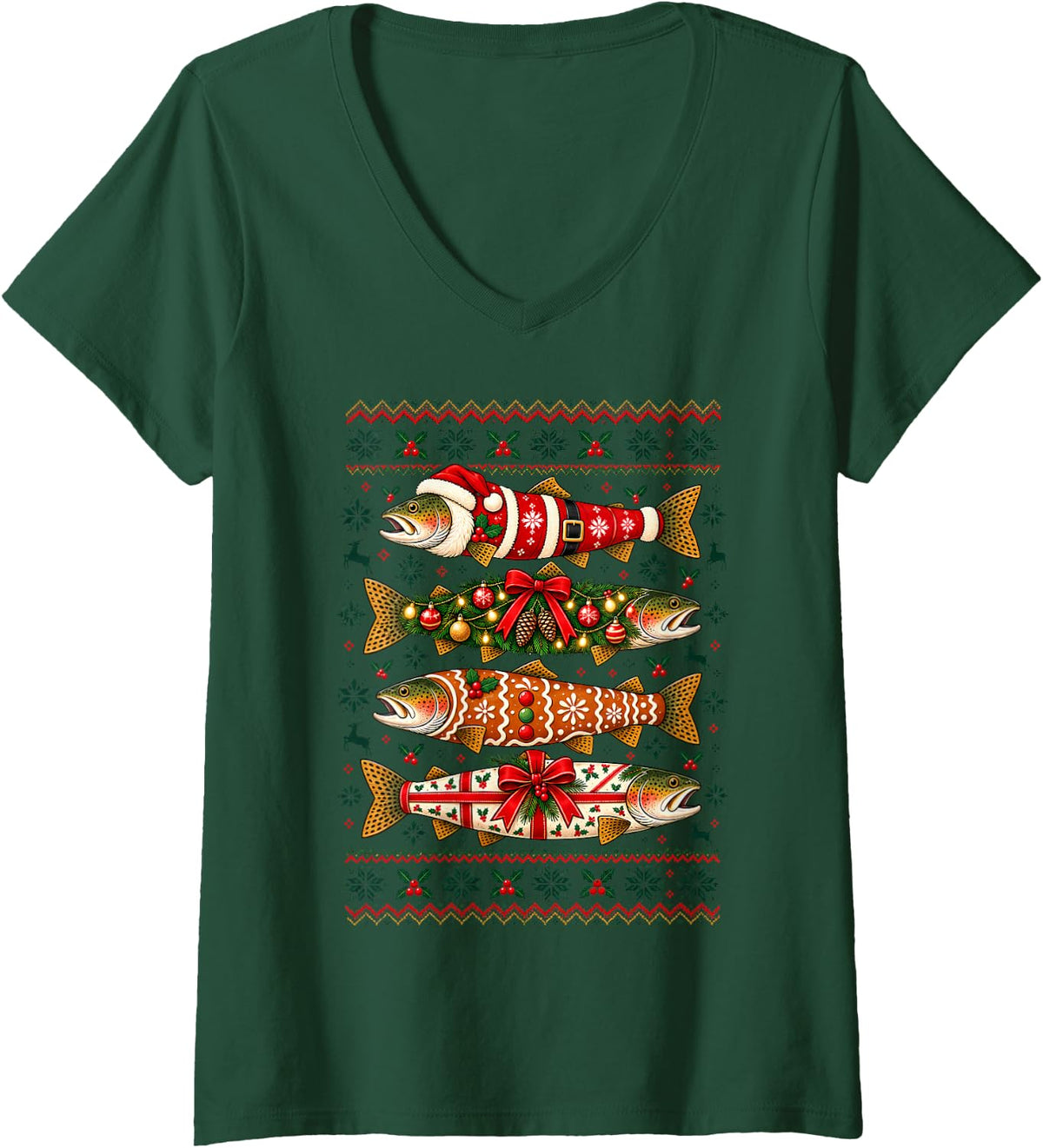 Women's Christmas Trout Fishing Santa Tree Gingerbread Ugly Sweater V-Neck T-Shirt - Dark Green