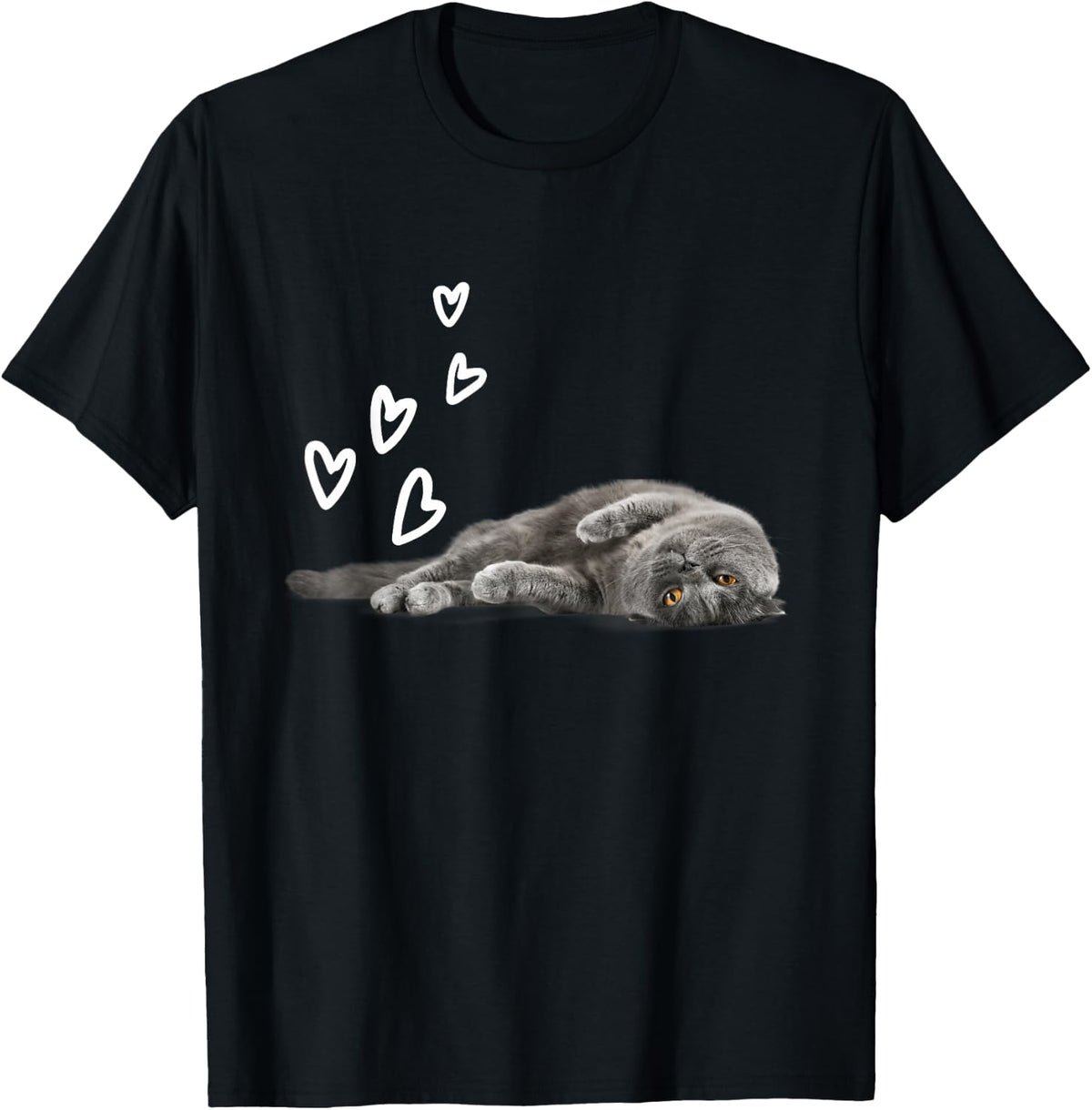 Cat British Shorthair Hearts Love T-Shirt - Black