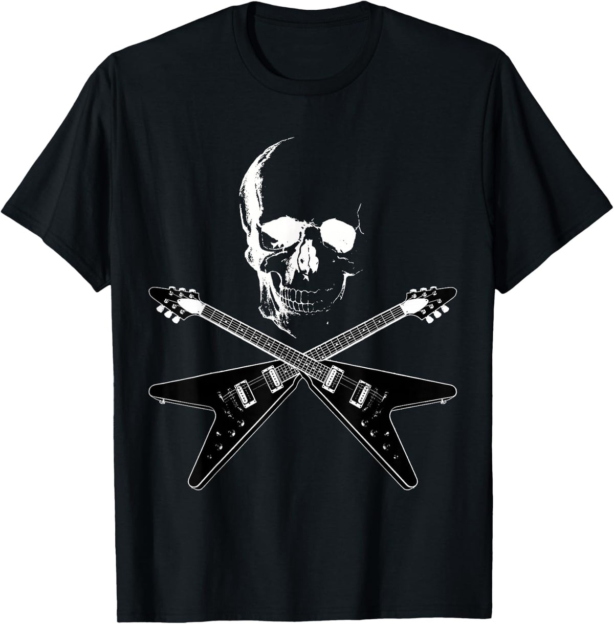 Flying V Guitar Hard Rock Heavy Metal Music Skull Outfit T-Shirt - Black