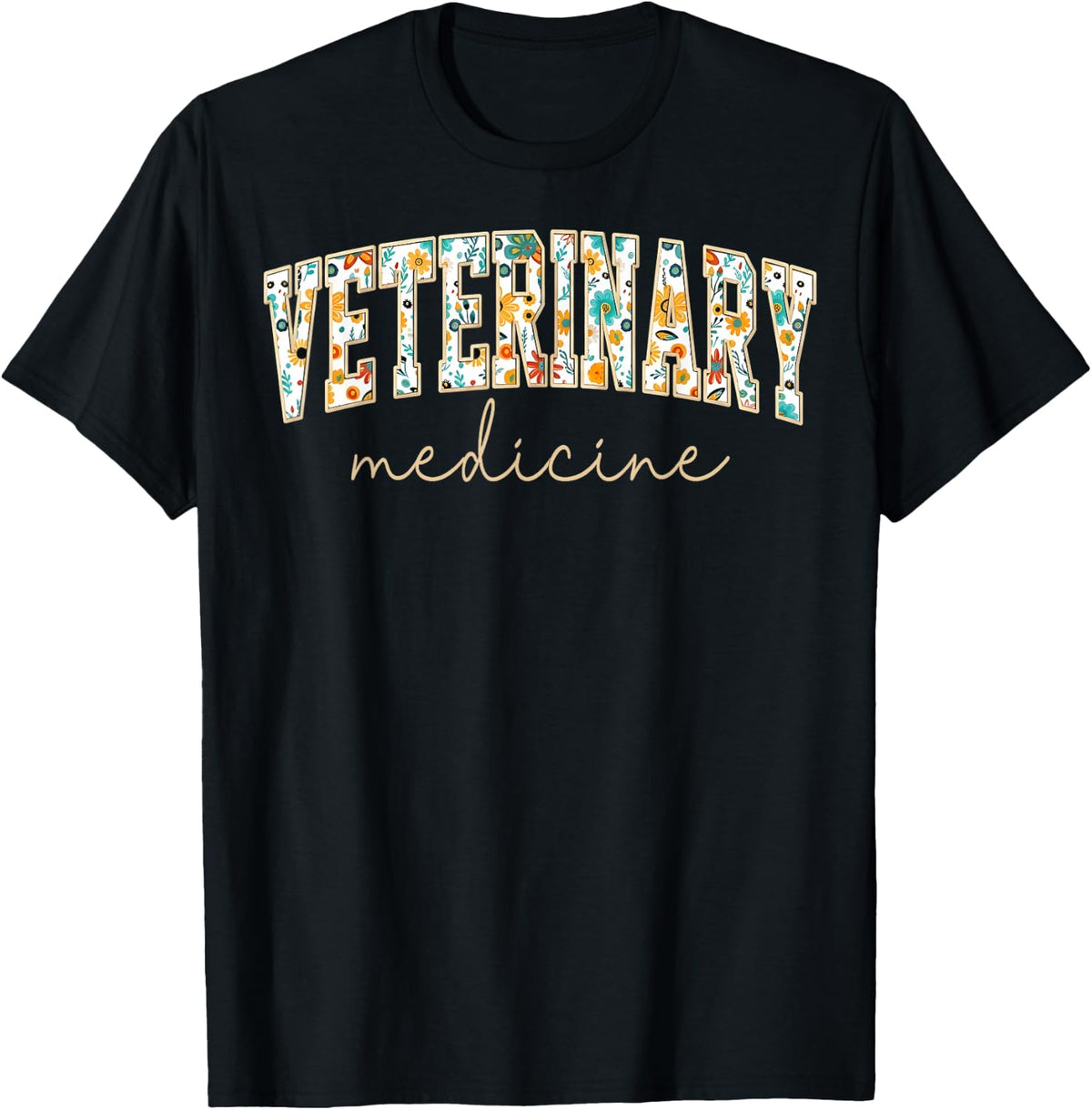 Vintage Floral Veterinary Medicine Text T-Shirt - Black