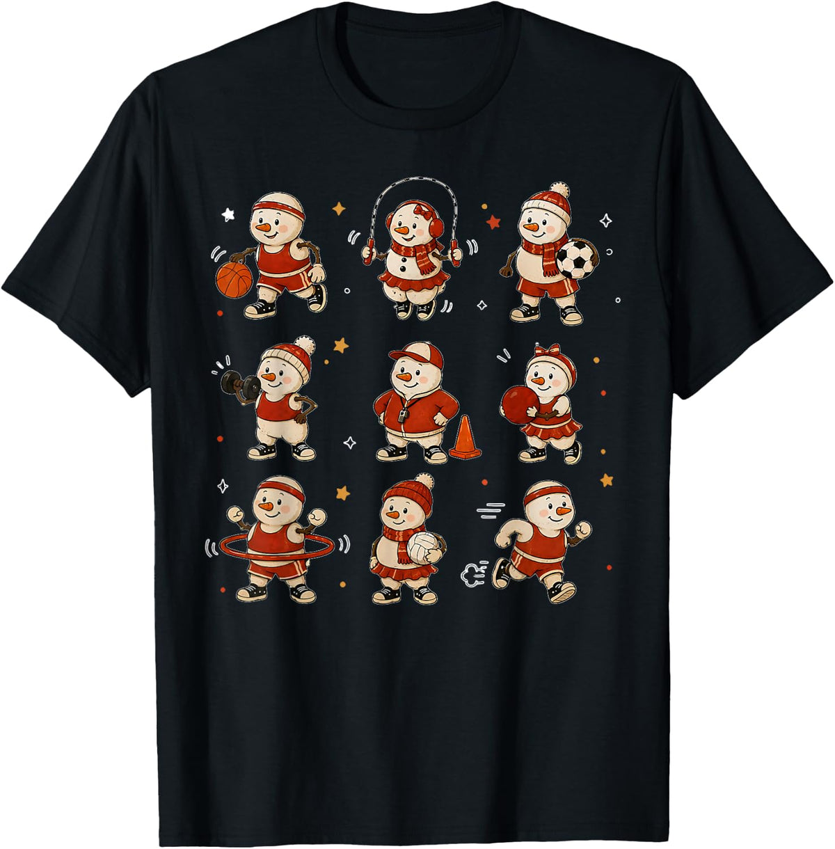 Christmas PE Teacher Snowman Playing Football Baseketball T-Shirt - Black