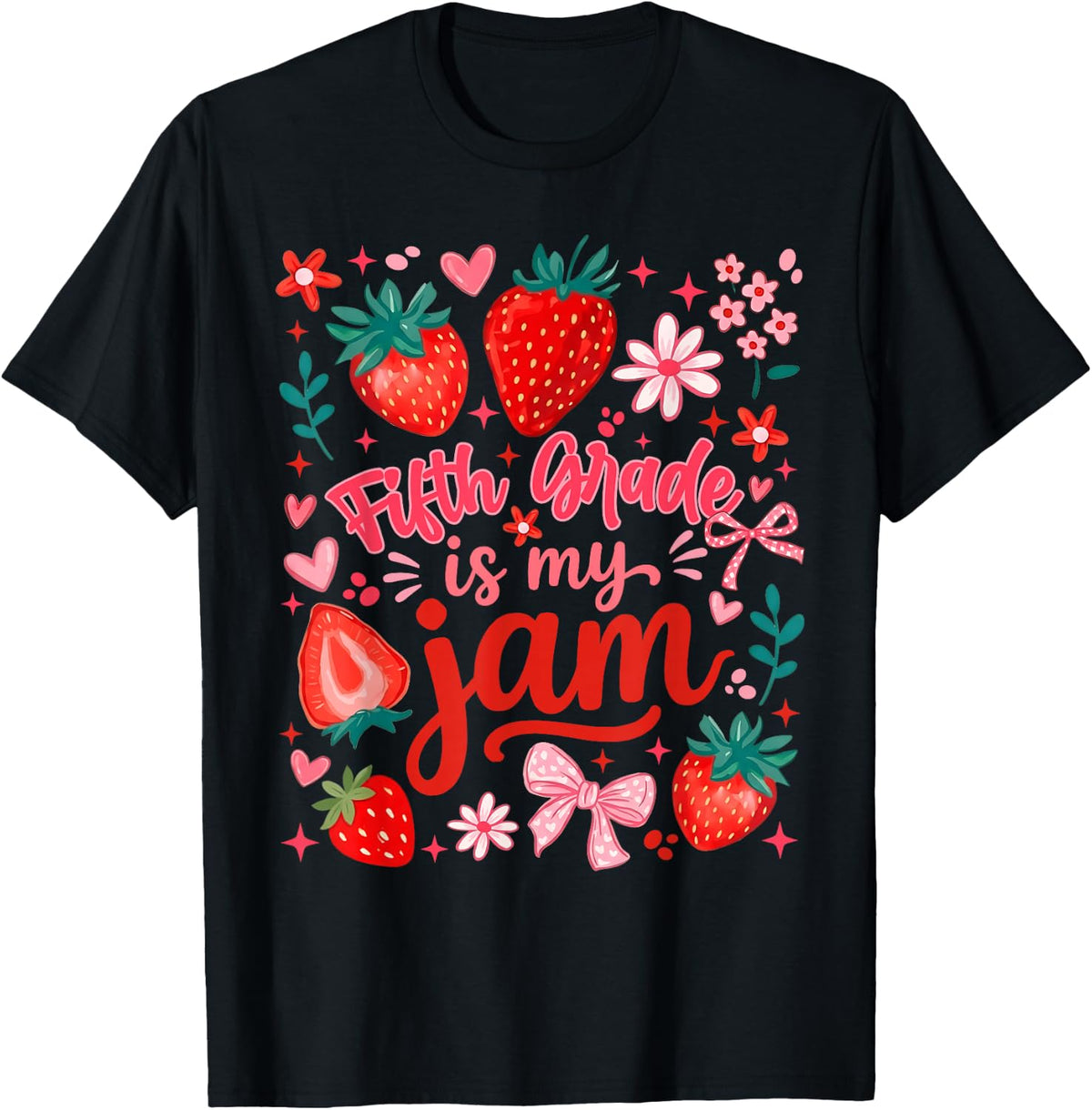Back to School 5th Fifth Grade is My Jam Strawberry Girl Kid T-Shirt - Black