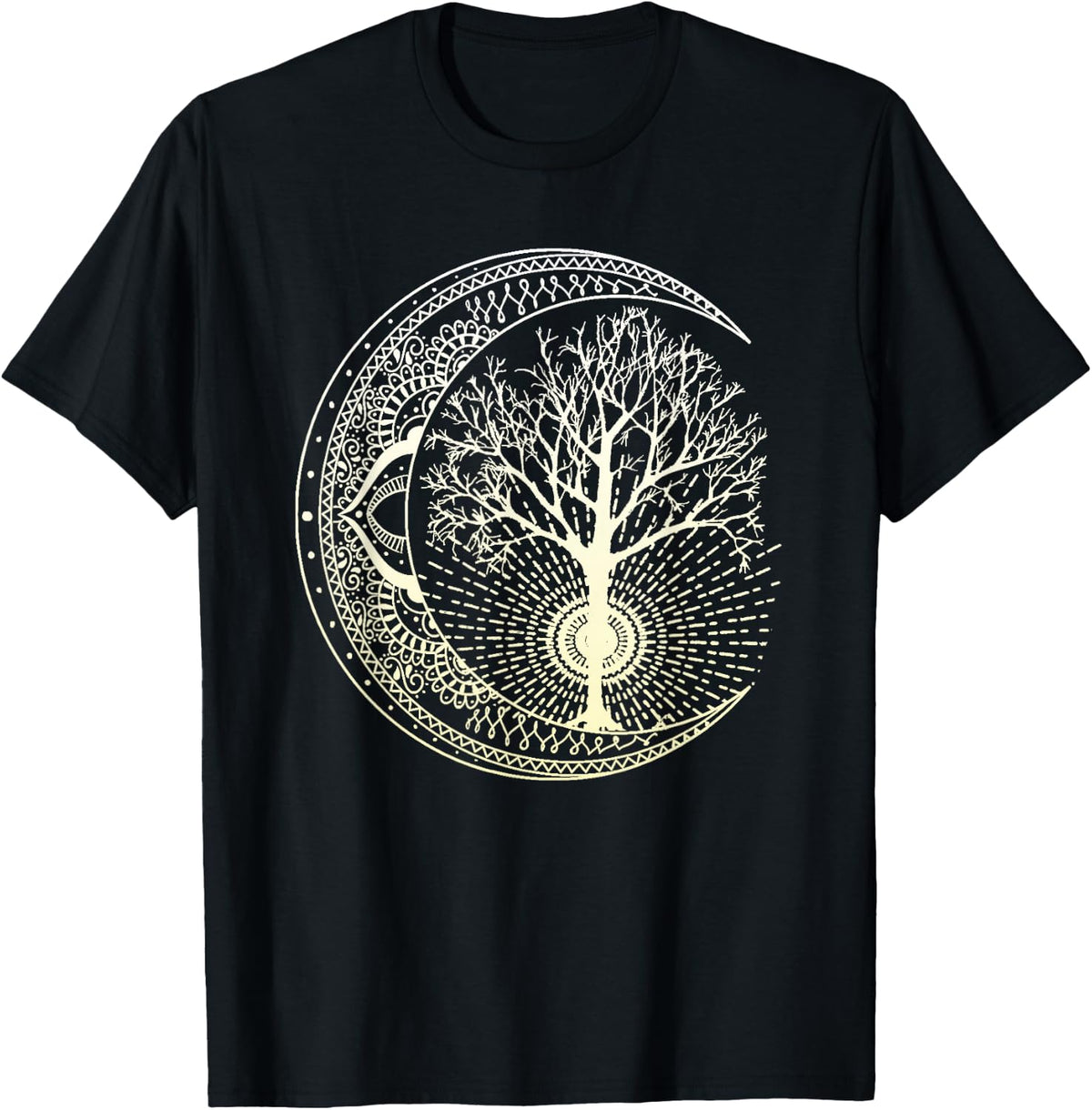 Mandala Moon Tree of Life Tattoo Style T-Shirt - Black