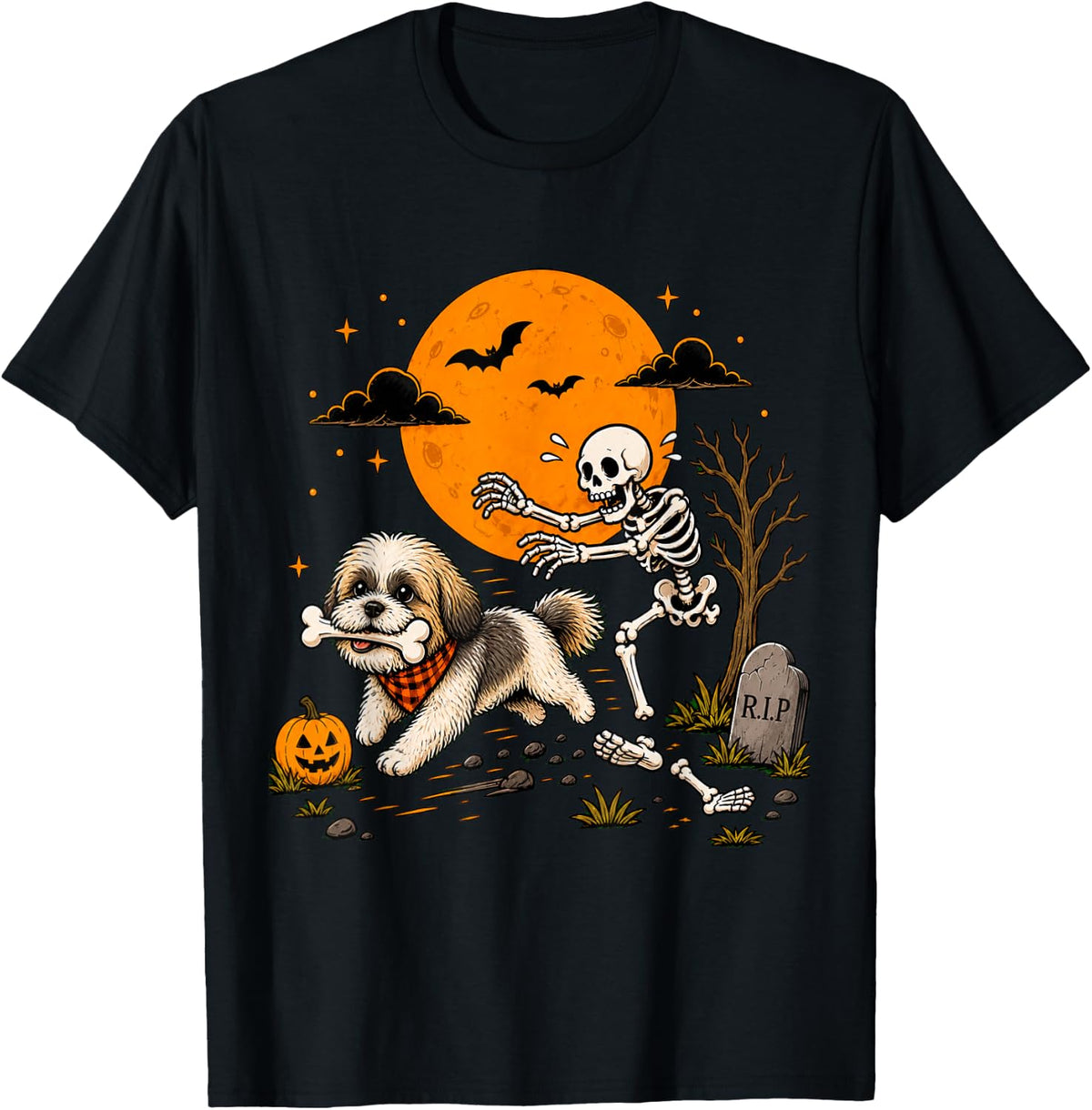 Halloween Dog Skeleton Funny Shih Tzu Men Women T-Shirt - Black