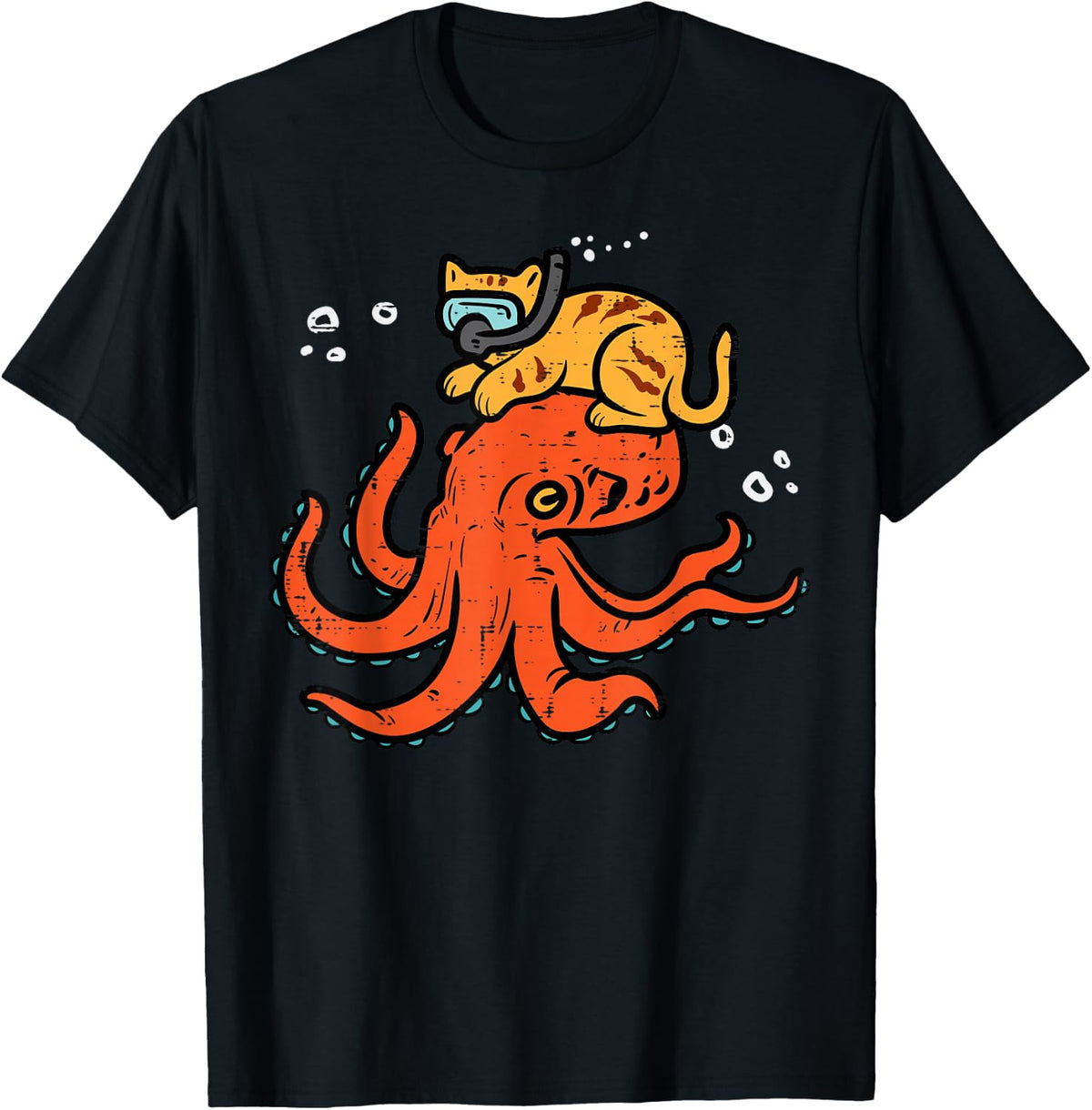 Snorkling Cat On Octopus Cute Kitten Pet Women Girls Kids T-Shirt - Black