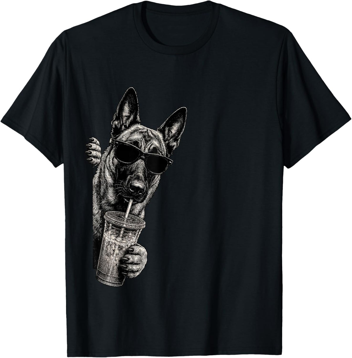 Belgian Malinois Dog Peeking Drinking Iced Coffee Humor T-Shirt - Black