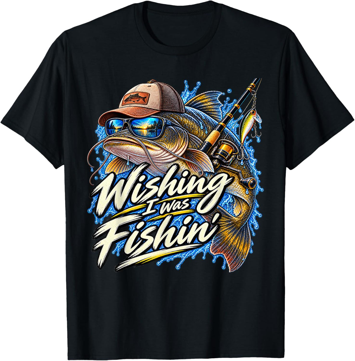 Wishing I was Fishing Catfish Lake Sea Funny Fisherman Fish T-Shirt - Black