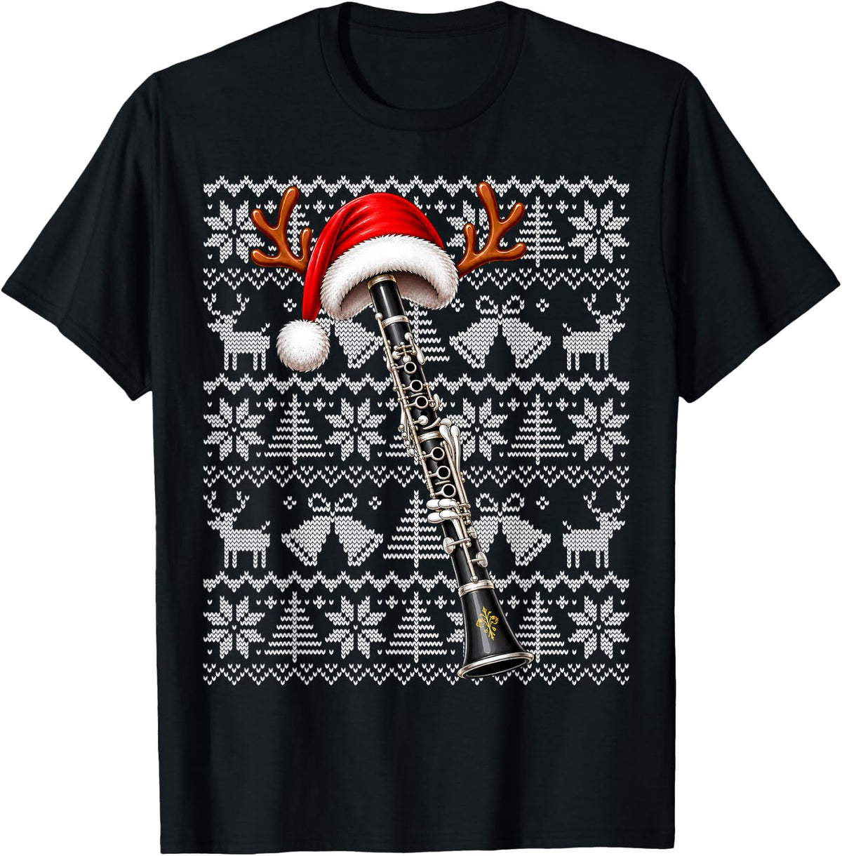Ugly Xmas Festive Santa Hat Musical Clarinet Christmas T-Shirt - Black