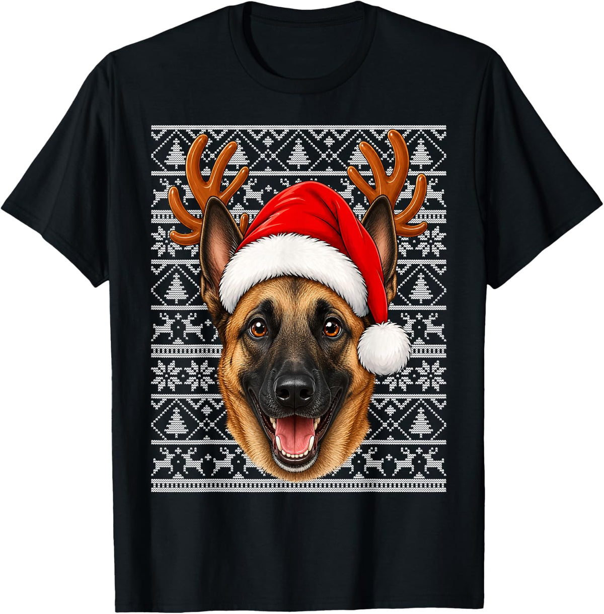Belgian Malinois Dog Christmas Santa Hat Ugly Sweater Xmas T-Shirt - Black